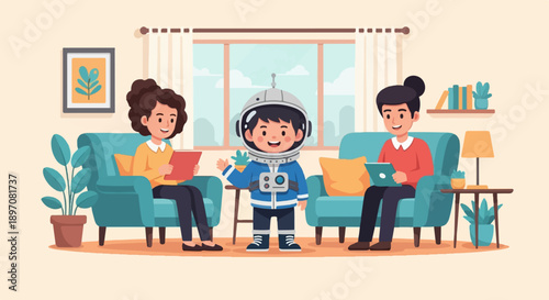 Family relaxing at home, with a child dressed as an astronaut