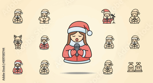 Festive characters in Santa hats sing carols with microphones