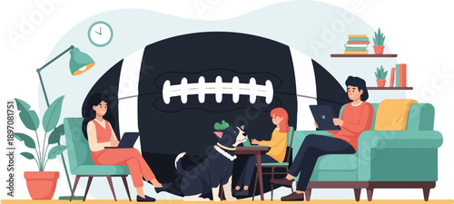 Family relaxes indoors with a dog and a giant football backdrop