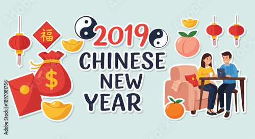 Festive Chinese New Year 2019 elements with couple working on laptop