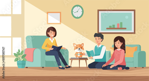 Family reading with dog, cozy living room scene