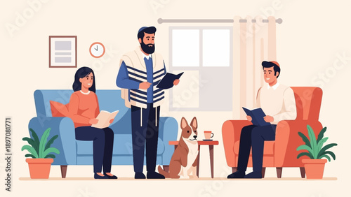 Family reading together in a living room with a dog