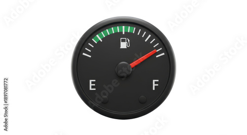Close-up of a realistic fuel gauge showing low fuel isolated on white background