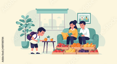 Family reading indoors near a fruit stand and a houseplant