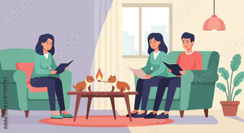 Family reading in living room with pets and houseplants
