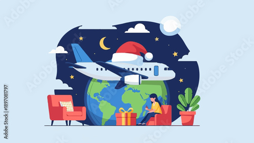 Festive airplane flies over globe with woman, armchair, gift, plant