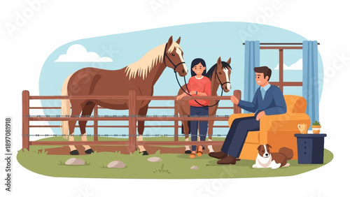 Family on ranch with horses and dog relaxes by window