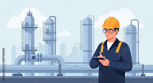 Engineer inspecting an industrial facility with large pipelines and storage tanks
