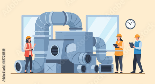 Engineers inspecting industrial ventilation system with charts