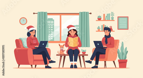 Festive scene of people in a cozy room with a dog, enjoying holidays