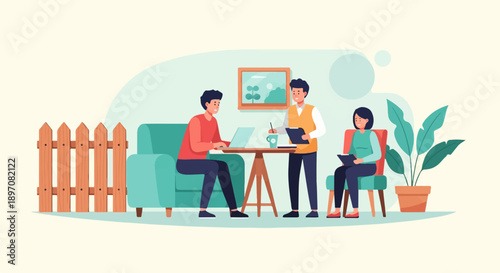 Diverse team collaborates remotely near a wooden fence and potted plant