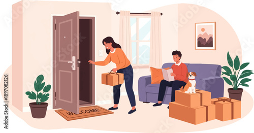 Family members unpack boxes in living room with pet dog