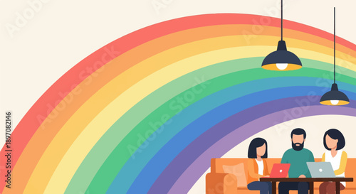 Diverse team collaborates under a rainbow arch