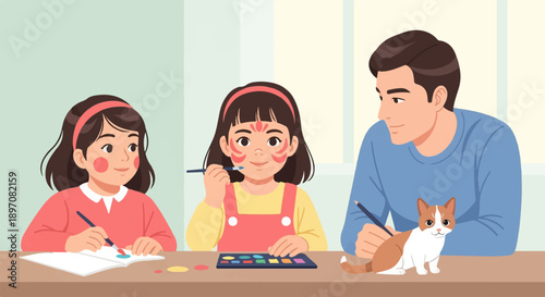 Father and two daughters engage in artistic activities with a cat
