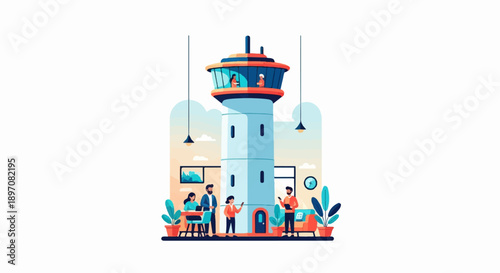 Diverse team collaborates within a modern control tower-like office structure