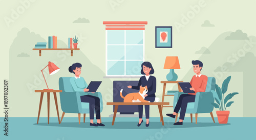 Diverse group collaborating remotely in a cozy home office with a cat