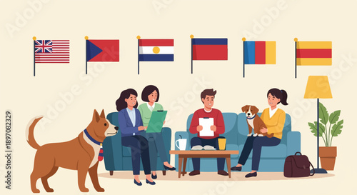 Diverse group converses with flags, pets, and cozy setting