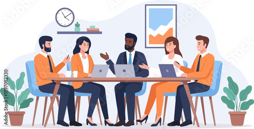 Diverse team collaborating around table in modern office meeting