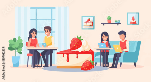 Diverse group enjoying dessert and digital devices in a cozy cafe setting