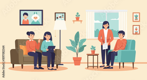 Diverse group gathers for a calm indoor meeting with plants and art