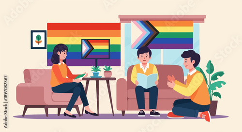 Diverse group in a room with pride flags, suggesting support and acceptance