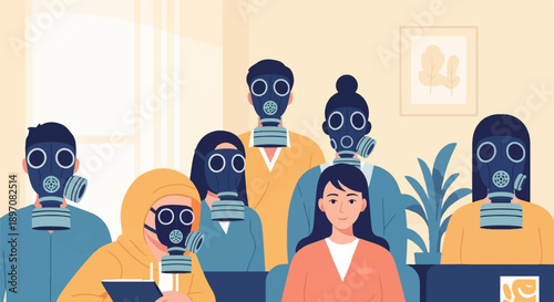 Diverse group of people in a room wearing gas masks, one person unmasked