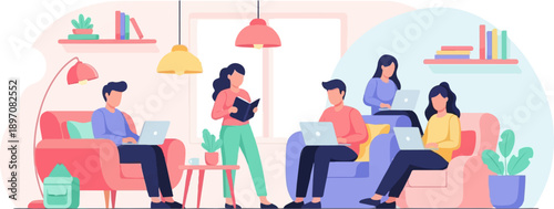 Diverse group of people working and studying in a cozy, modern living room