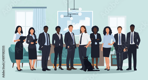 Diverse group of professionals posing with a black cat in an office setting