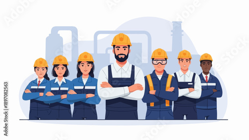 Diverse group of uniformed workers in hard hats standing with arms crossed