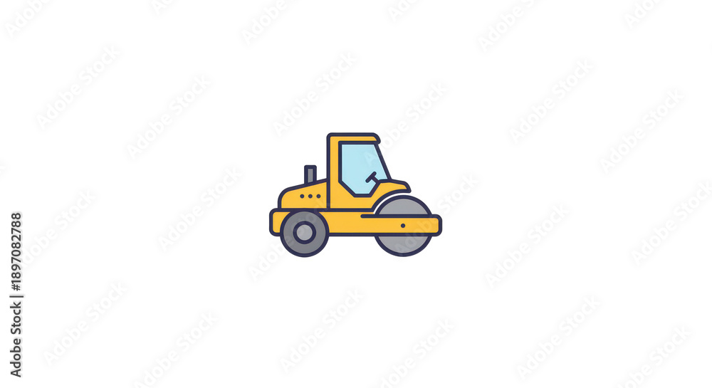 Naklejka premium Yellow road roller icon with blue tinted windows and steering wheel isolated on white background