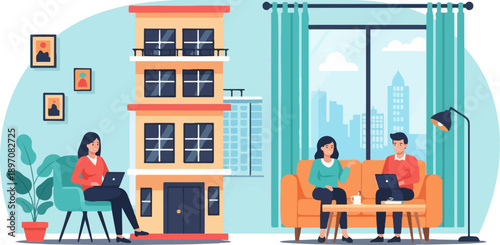 Diverse individuals collaborate and work in a bright, modern cityscape with urban buildings