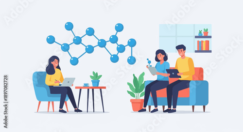 Diverse individuals collaborate in a bright, modern space with a molecular graphic