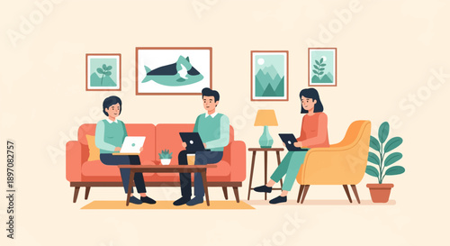 Diverse individuals collaborate remotely in a cozy living room setting