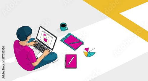 Top view illustration of a designer working on a laptop with a graphics tablet and data analysis visualization. Remote work and freelance professional concept.