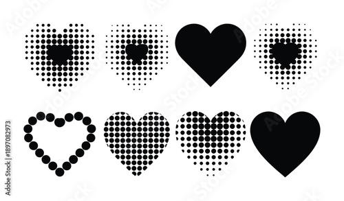 Collection of Black and White Heart Icons with Halftone and Dot Patterns