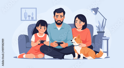 Family looking stressed while playing video games with their dog