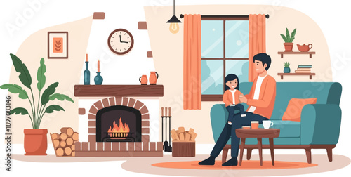 Father and daughter relax by a warm fireplace on a cozy evening