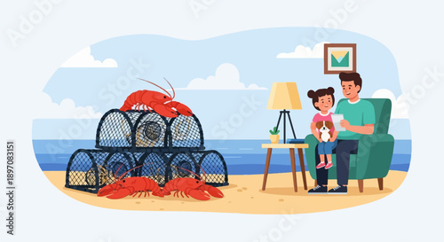 Father and daughter relax on beach with lobsters and traps near home