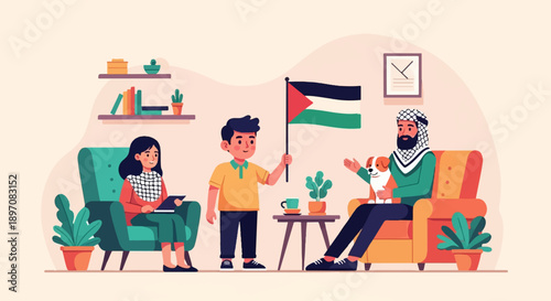 Family indoors, young boy waves Palestinian flag, father holds dog, mother reads