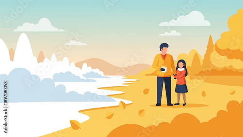 Father and daughter holding hands on a beach with autumn foliage