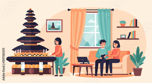 Family inside with cultural display and relaxation scene