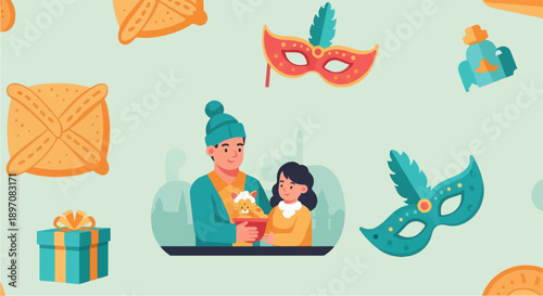 Father and daughter admire their cat with gifts and masks in background