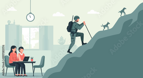 Family indoors working, soldier climbing mountain with dogs outdoors