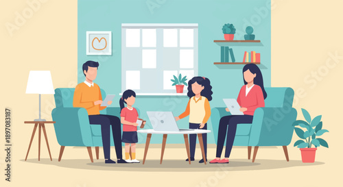 Family indoors interacting with technology in a living room