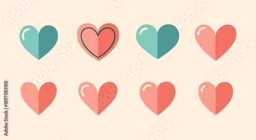 Eight hearts, some teal, some coral, on a pale background