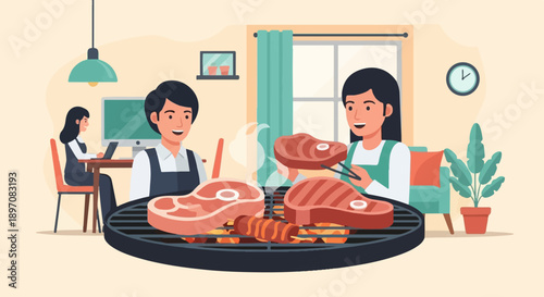 Family indoors enjoying barbecue, one person working on laptop