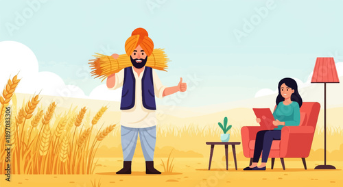 Farmer with wheat haul, woman in chair with tablet, rural landscape