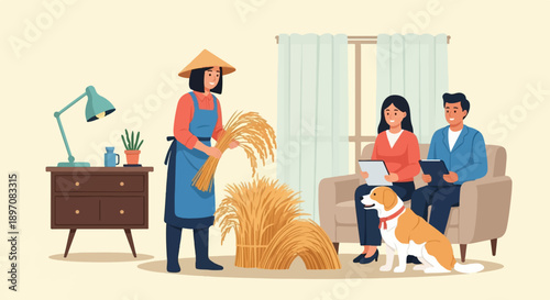 Farmer presents harvest to family on sofa with dog