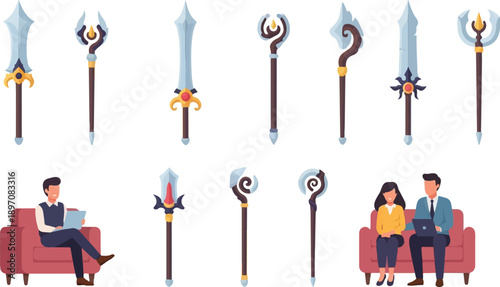 Fantasy staffs and swords displayed with business people on sofas