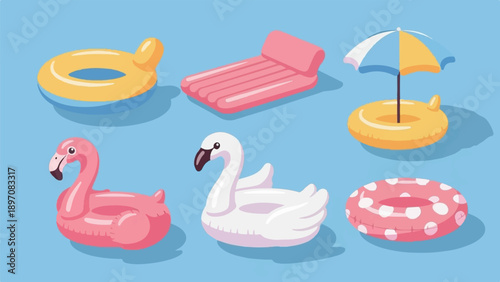 Floating summer pool toys flamingo, swan, mattress, umbrella, rings